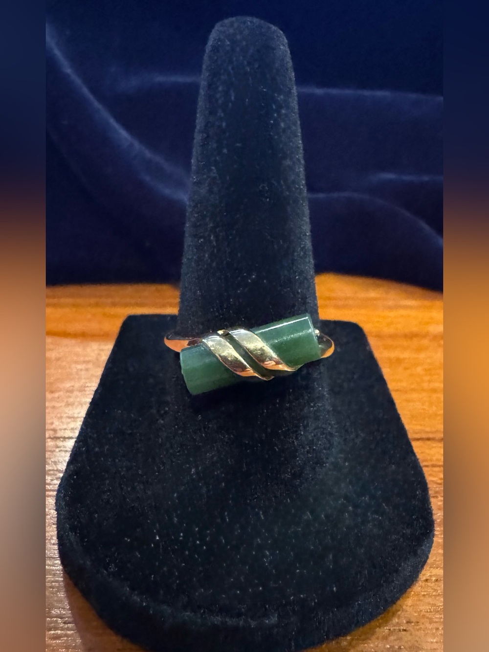 Vintage Avon Ring—Sz. 8, Gold Plated, Cylinder Jadeite Stone w/ Scroll Work